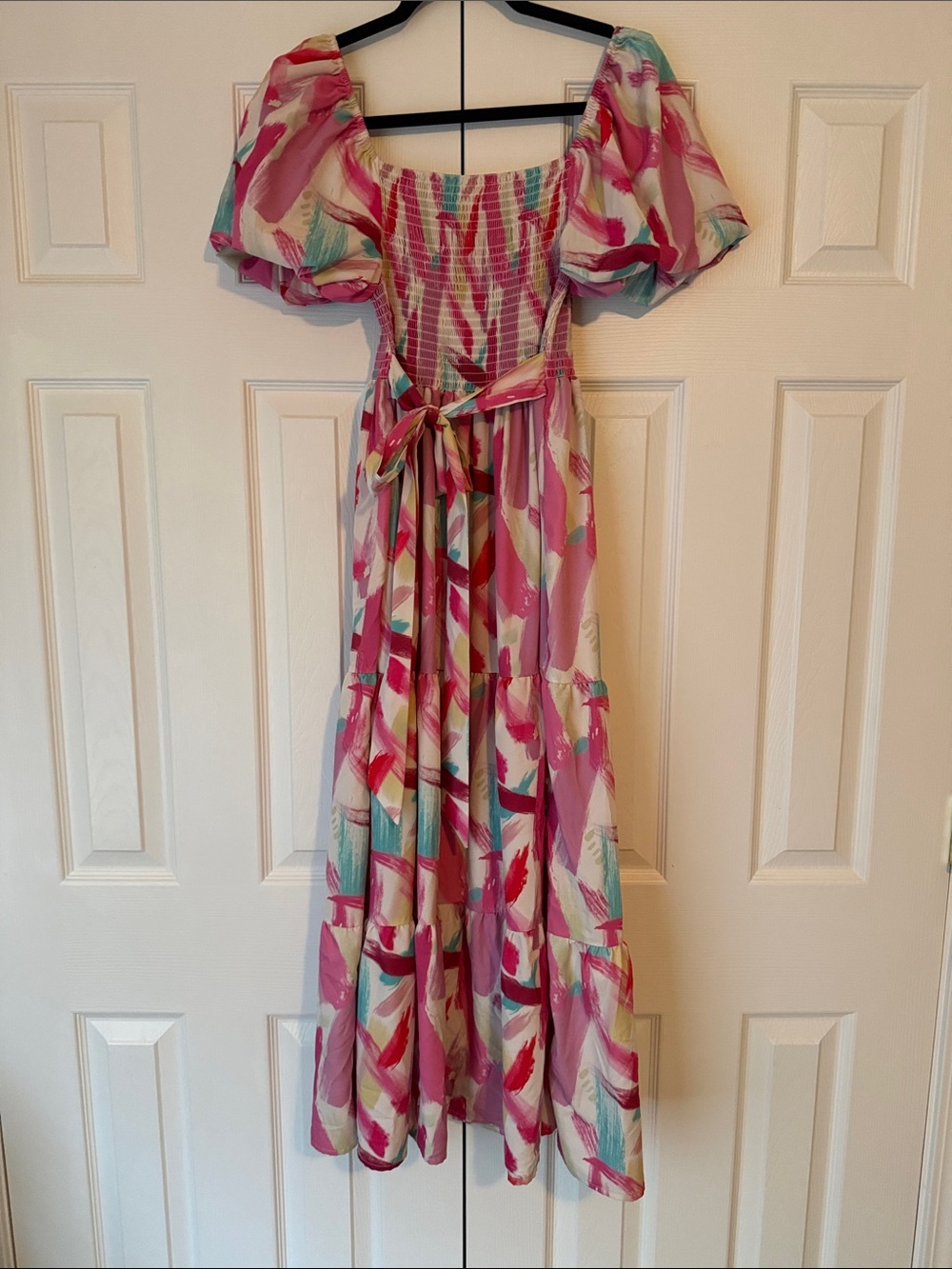 Pink Multi-Color Puff-Sleeve Dress with Tie Waist